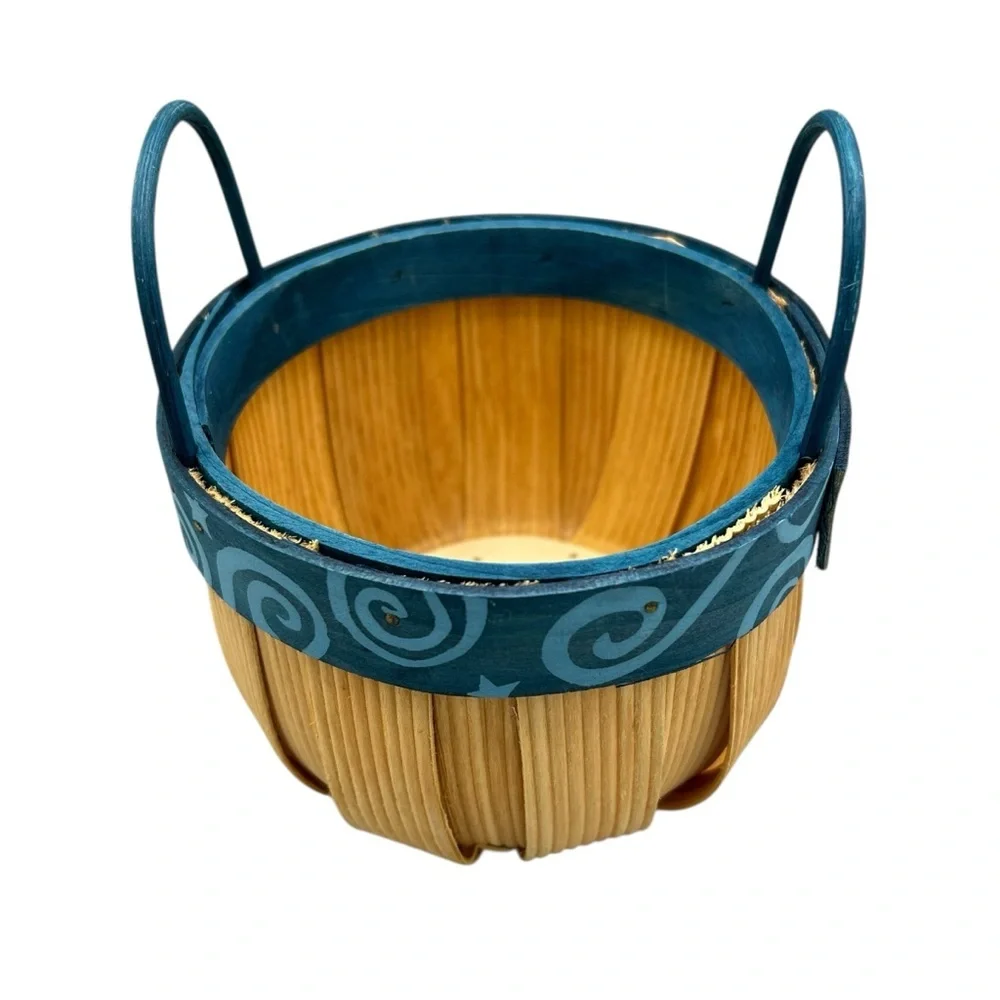 Rustic Blue Wooden Basket Small Handled Round Decorative Organizer Farmhouse